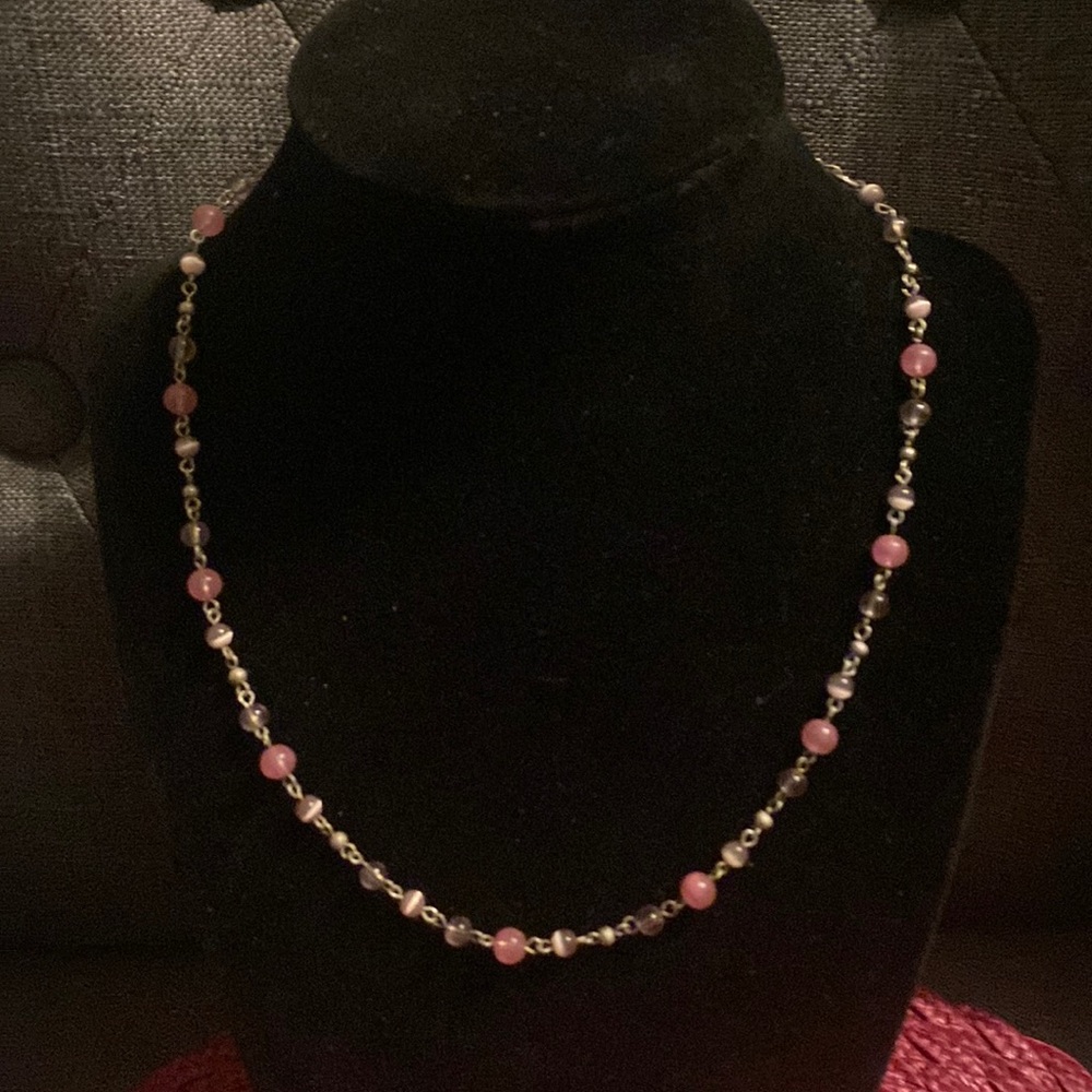 Silver chain and pink beaded link necklace